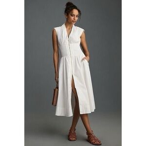 Anthropologie The Tommie Cap Sleeve Smocked Front Zip Shirt Dress in White